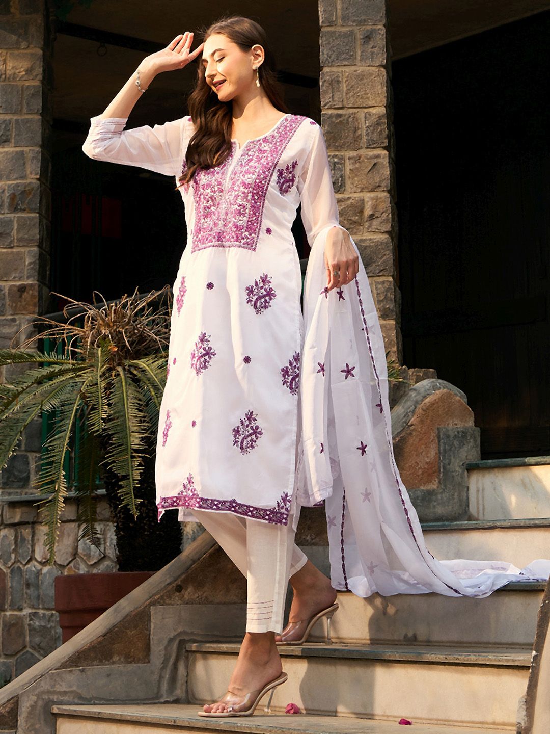 Indo Era Floral Embroidered Regular Thread Work Kurta with Trousers & Dupatta