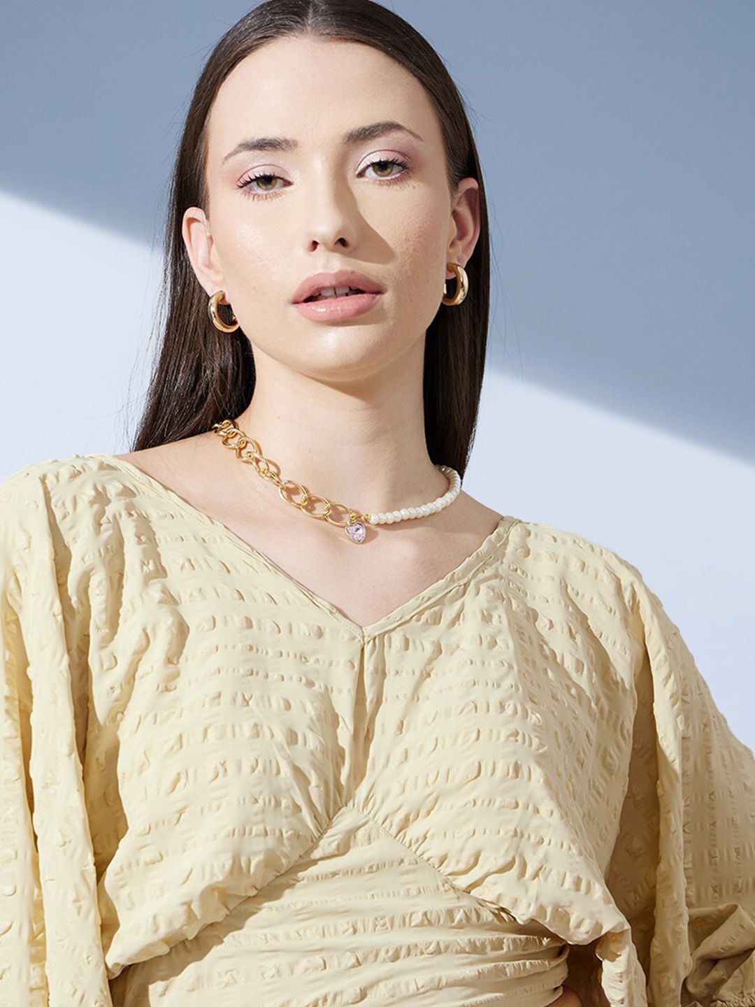 STREET 9 Self Design Puffed Sleeves Jacquard Crop Empire Top