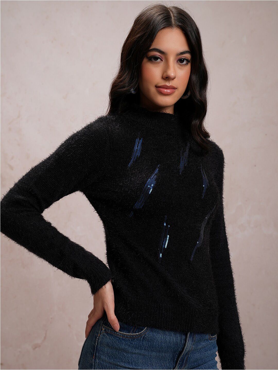 Tokyo Talkies Black Embellished High Neck Acrylic Pullover