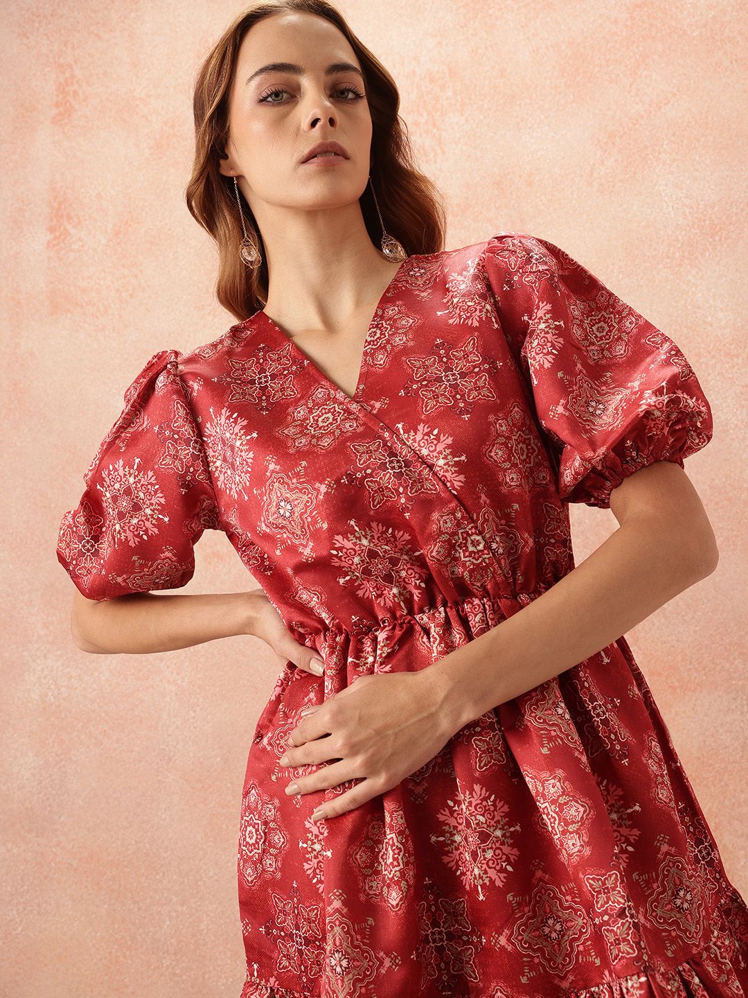 all about you Ethnic Motifs Print Puff Sleeves Wrap-Style Dress