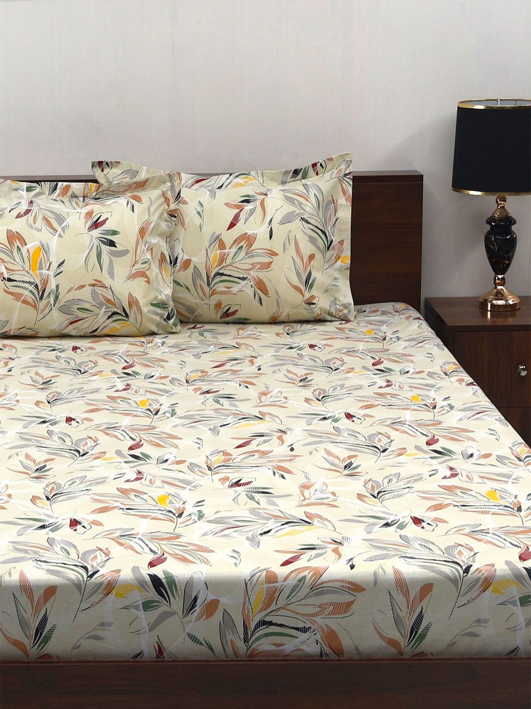 BOMBAY DYEING Floral Fiesta Brown Floral Cotton 140 TC Queen Bedsheet Set 2.54 x 2.28m