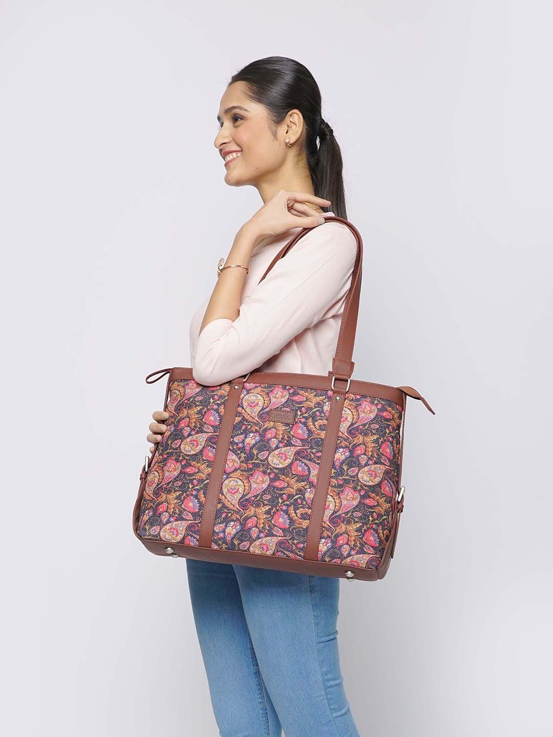 ZOUK Navy Blue & Pink Printed Vegan Leather Sustainable Shoulder 16 Inch Laptop Tote Bag