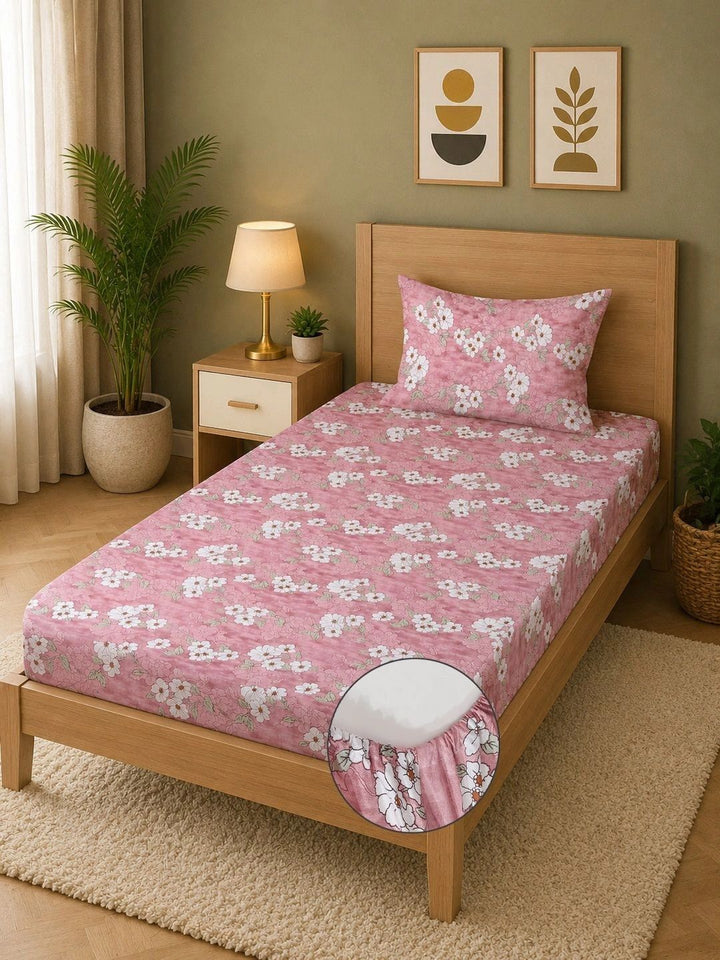 Moda Rapido X KLOTTHE Pink & White Floral 400 TC Single Bedsheet with 1 Pillow Covers