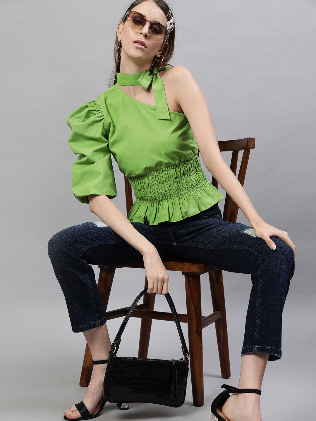 STREET 9 Green One Shoulder Puff Sleeve Smocked Cotton Top