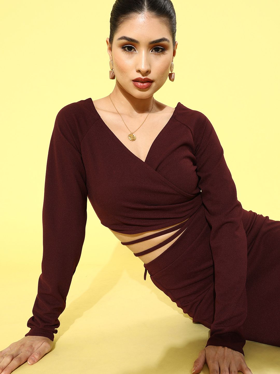 Athena Women Deep Burgundy Solid Co-ord Set
