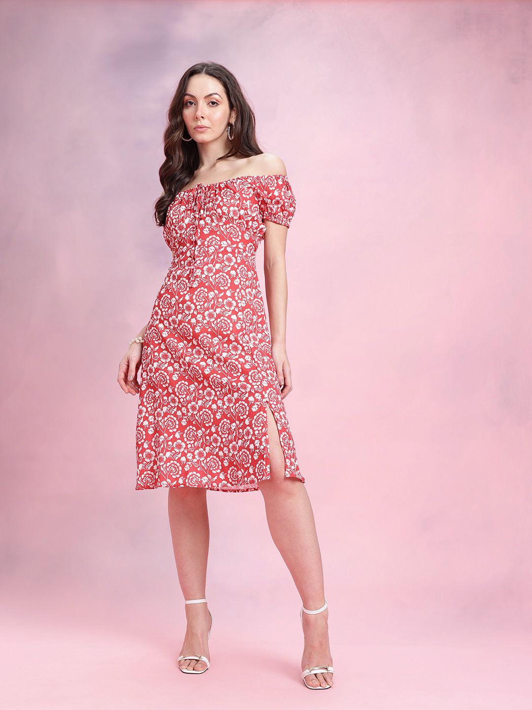 DressBerry Floral Printed Off-Shoulder Puff Sleeve Empire Dress with Slit Detail