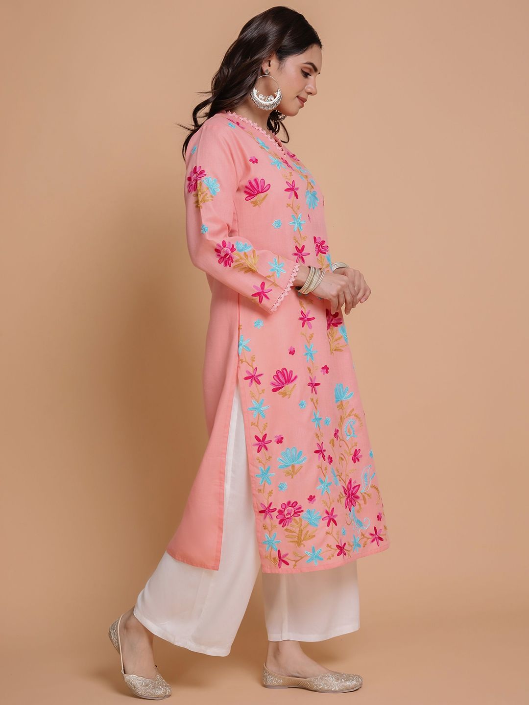 HOUSE OF KARI Floral Embroidered Pastels Cotton Straight Kurta