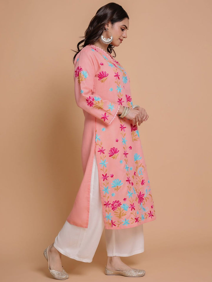 HOUSE OF KARI Floral Embroidered Pastels Cotton Straight Kurta