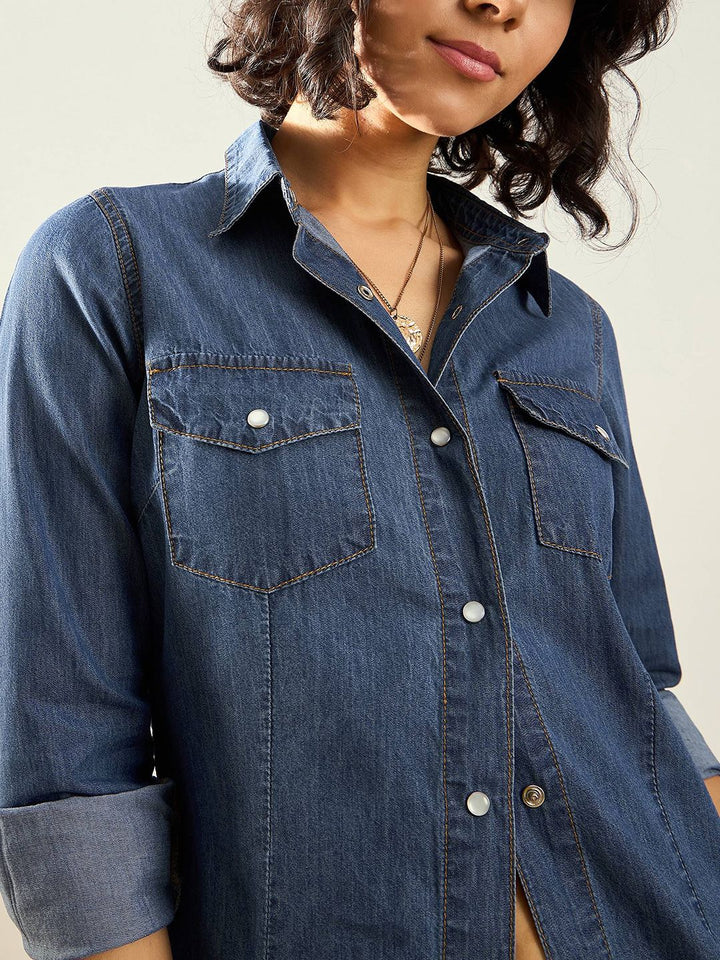 SASSAFRAS Blue Snap Button Placket Long Sleeves Casual Shirt