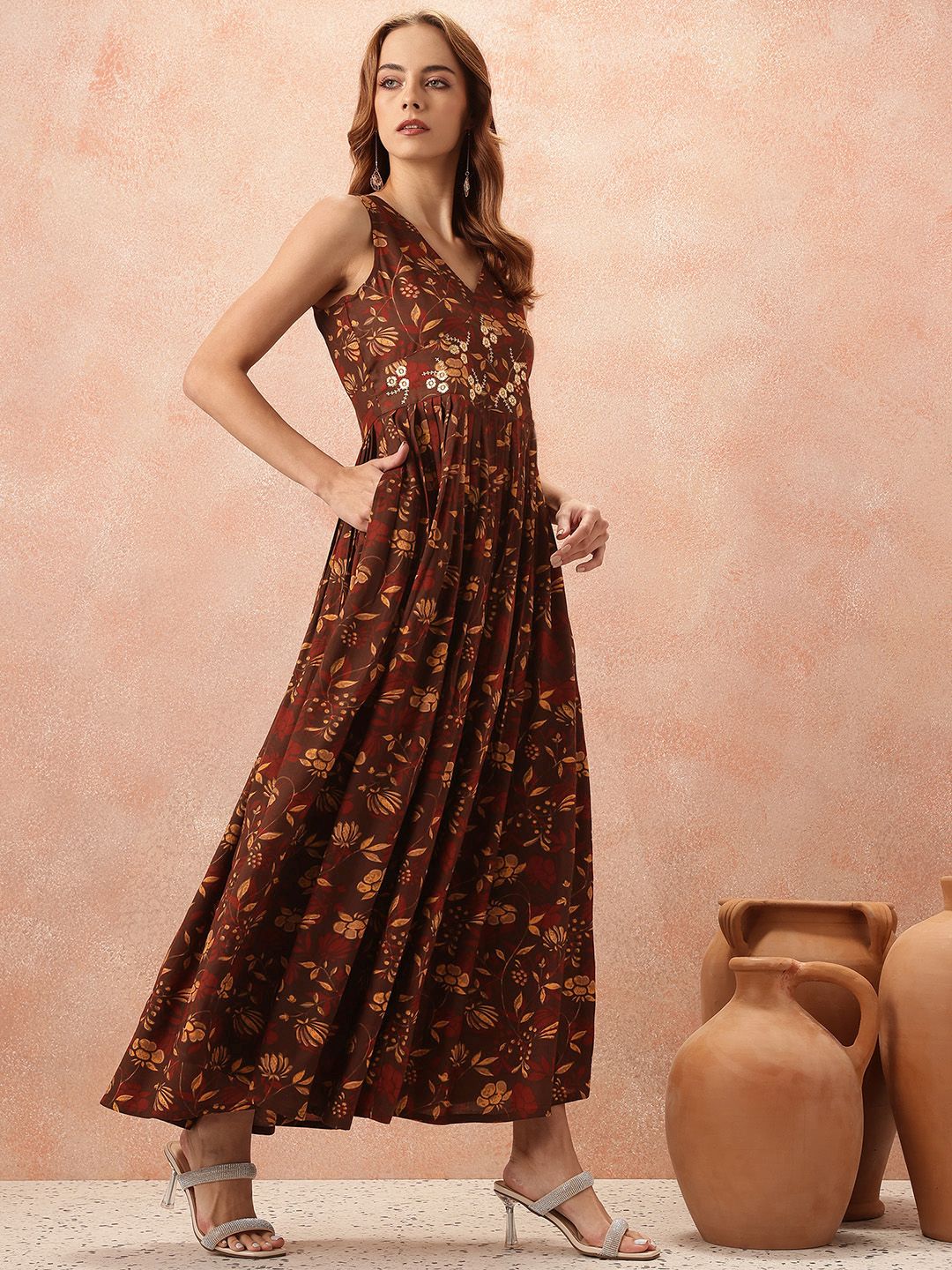 all about you Floral Print Flared Ethnic Dress With Dupatta