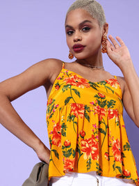 Berrylush Yellow Floral Crepe Peplum Crop Top