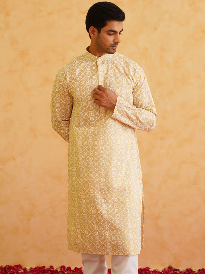 SOJANYA Motif Etnik Bersulam Kolar Mandarin Benang Kerja Kurta Lurus Kapas Tulen