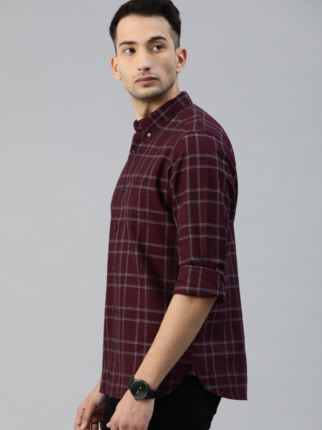 THE BEAR HOUSE Men Maroon & Grey Slim Fit Solid Casual Shirt
