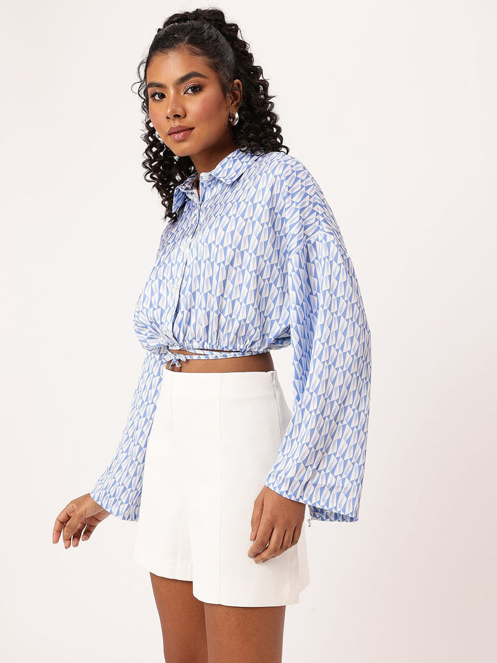 DressBerry Geometricscape Satiny Chic Tie-Up Blouson Shirt Style Crop Top