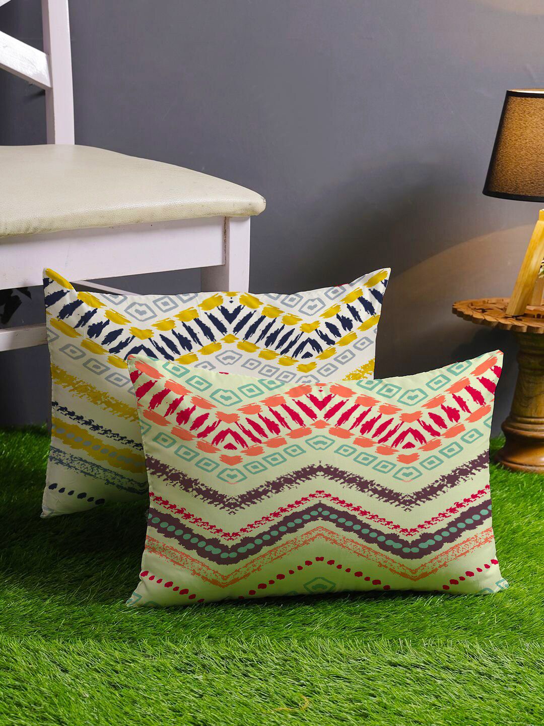 STITCHNEST Set of 2 Yellow & Off White 12" x 18" Geometric Rectangle Cushion Covers