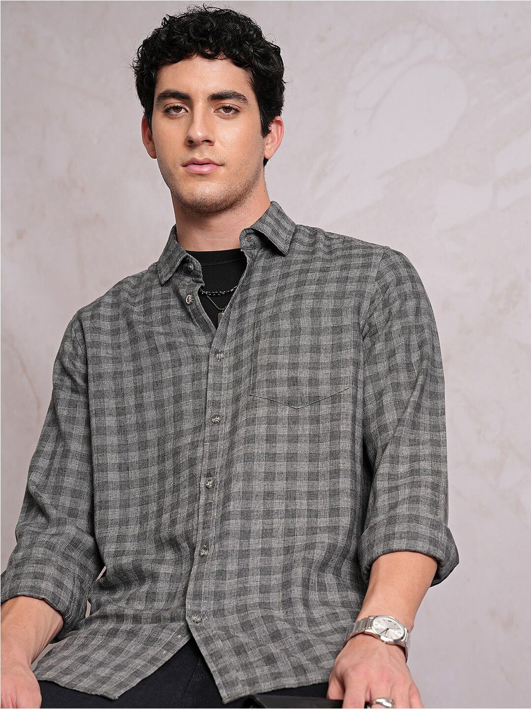 Locomotive Men Grey Linen Blend Textured Checked Regular Shirt