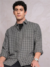 Locomotive Men Grey Linen Blend Textured Checked Regular Shirt