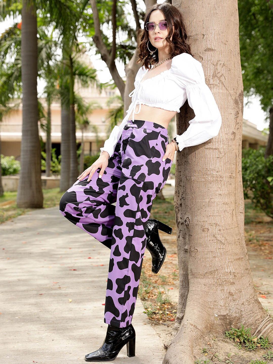 STREET 9 Women Lavender Printed Relaxed Straight Leg Straight Fit High-Rise Trousers