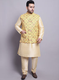 SOJANYA PLUS Plus Size Dupion Silk Straight Kurta With Pyjamas & Printed Nehru Jacket