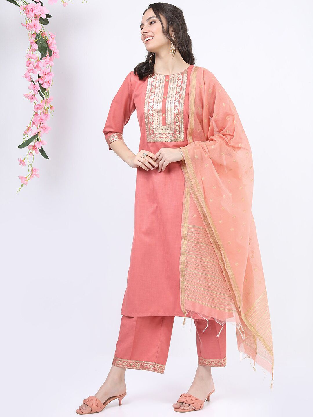 Vishudh Women Coral Yoke Design Kurti with Palazzos & With Dupatta