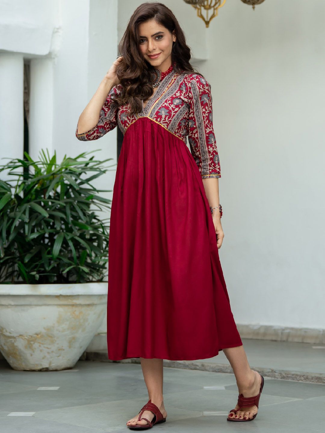 Rustorange Women Maroon & Grey Printed A-Line Dress