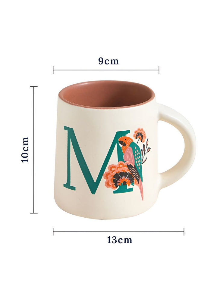 Chumbak Off White & Green Printed Ceramic Glossy Macaw Mug 300 ml