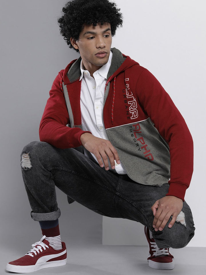 The Indian Garage Co Men Red & Grey Colourblocked Hooded Sweatshirt