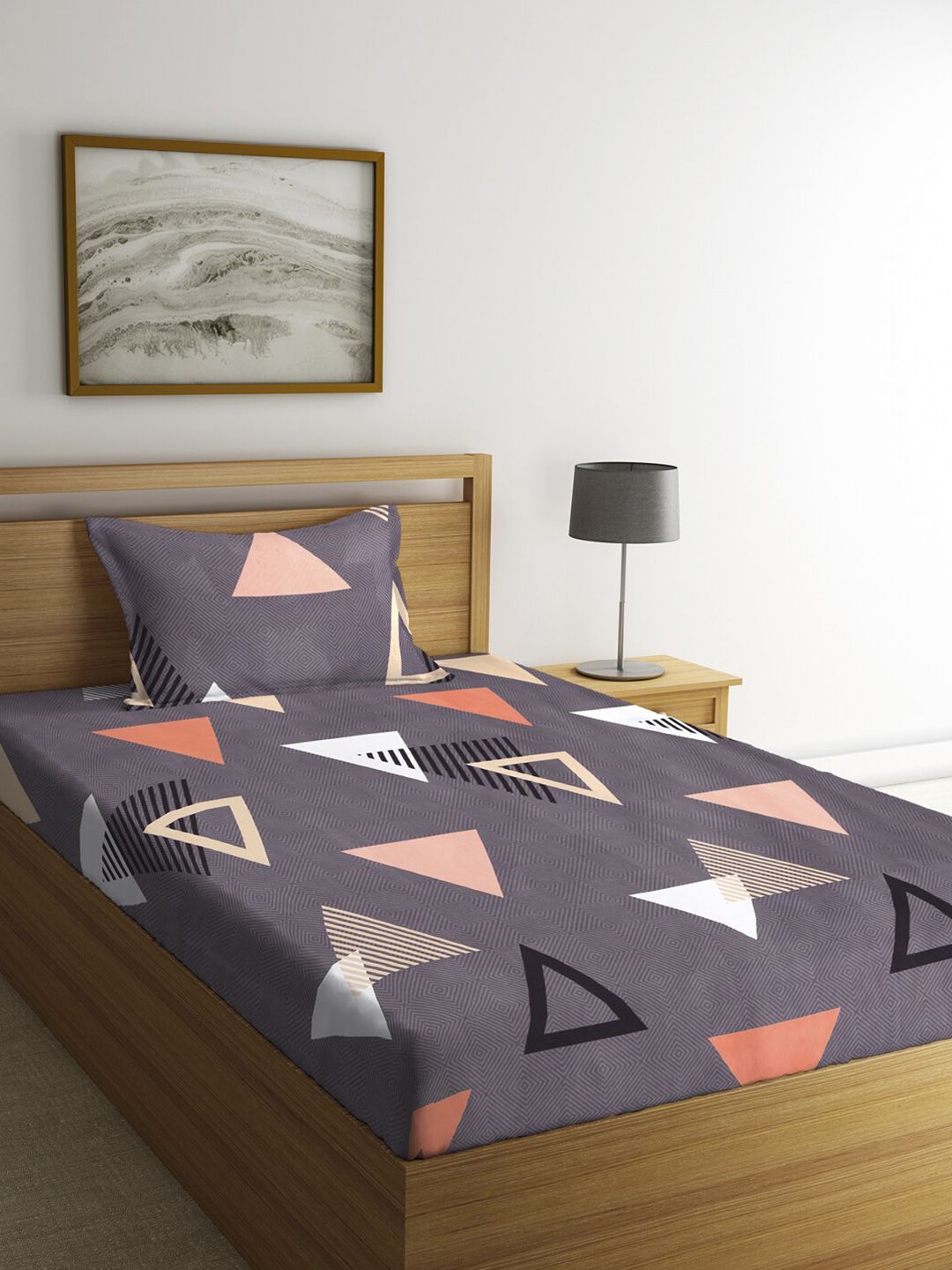 KLOTTHE Grey Graphic Cotton 210 TC Single Fine 2 Bedsheet with 2 Pillow Covers-89 x 59 inches