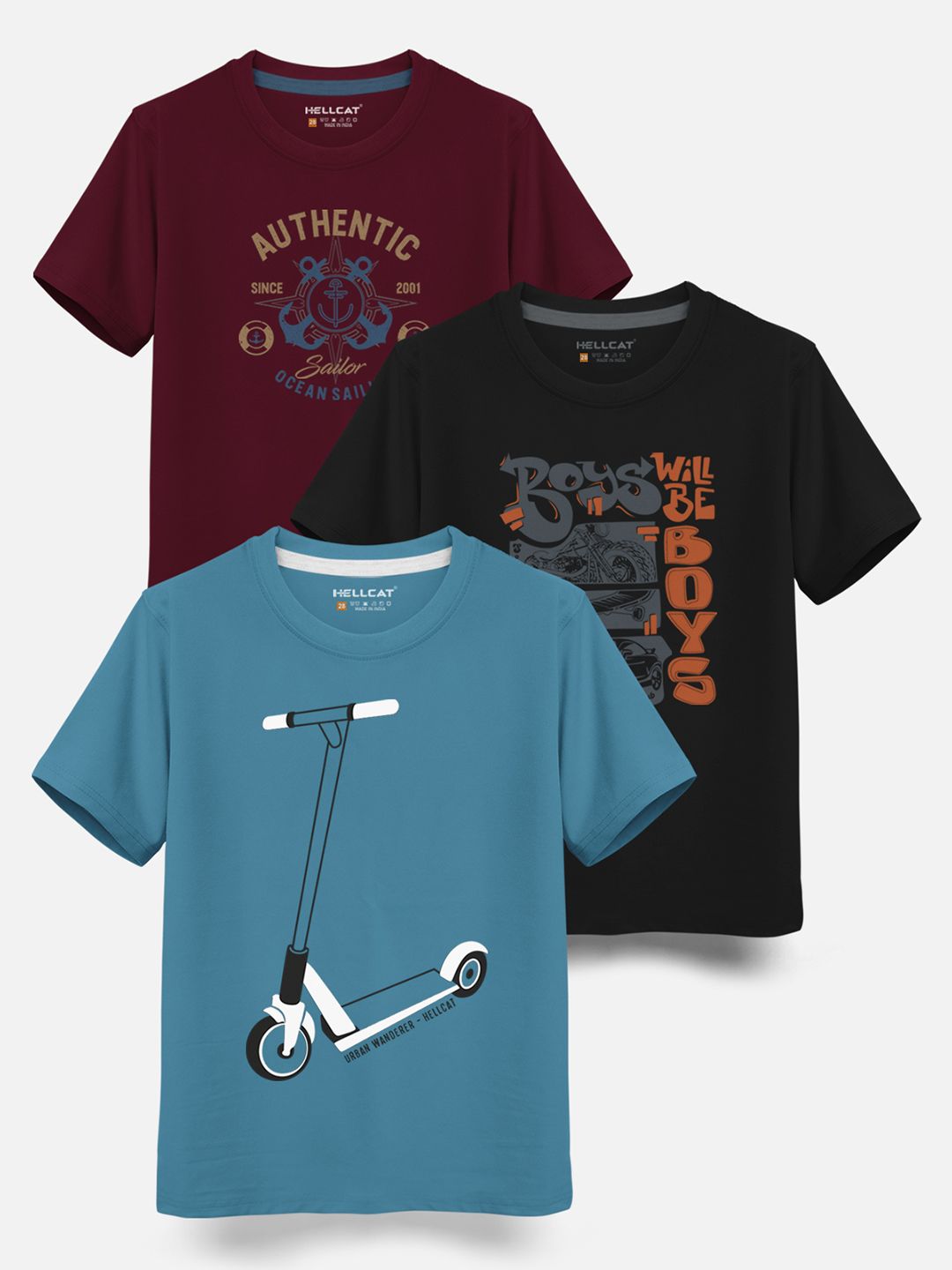 HELLCAT Boys Pack Of 3 Printed Cotton T-shirt
