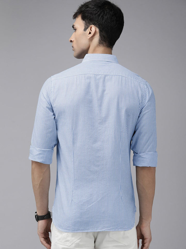 THE BEAR HOUSE Men Blue & White Classic Slim Fit Striped Pure Cotton Casual Shirt