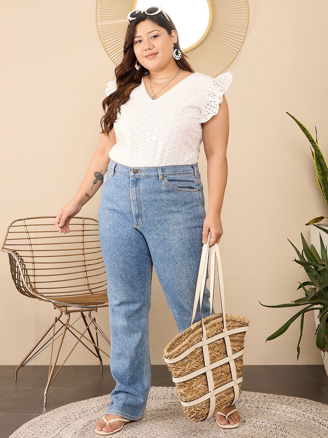 Berrylush Curve Flutter Sleeve Cotton Schiffli Plus Size Top