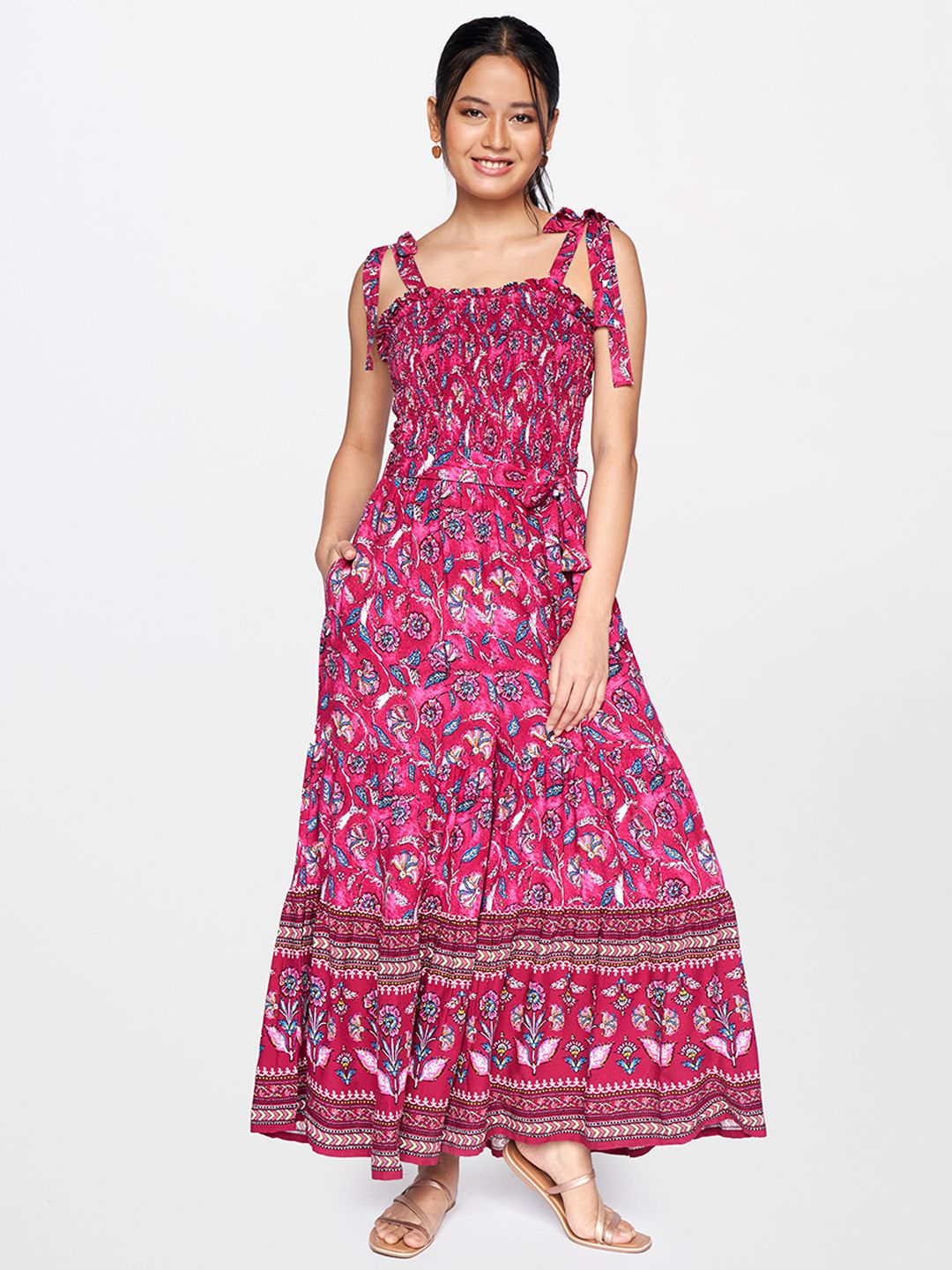 Global Desi Multicoloured Printed Smocked Waist Tie-Ups Basic Jumpsuit
