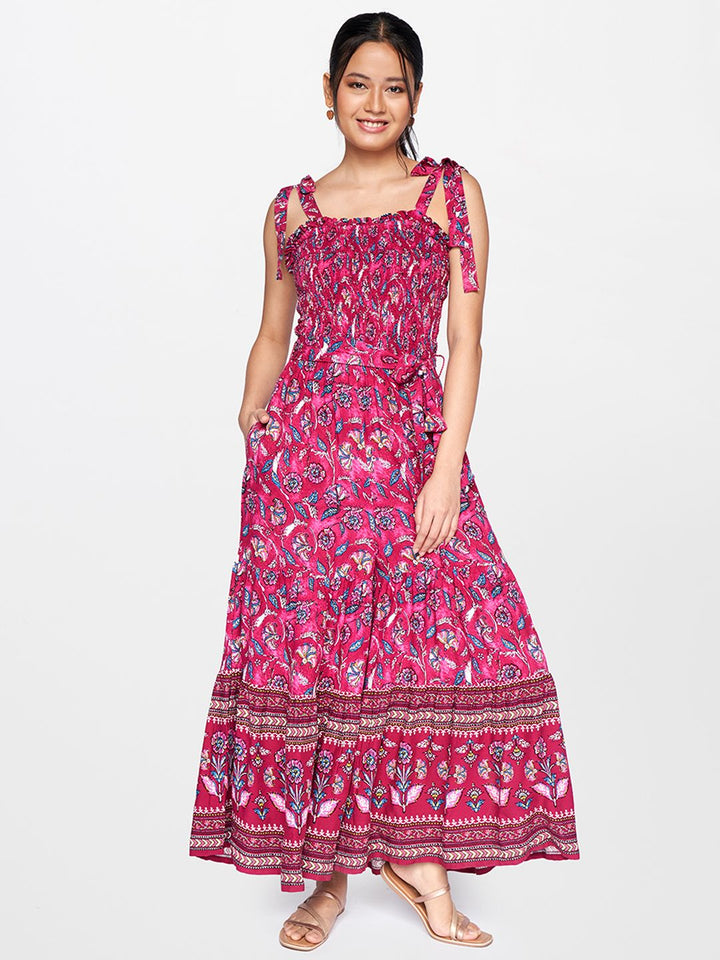 Global Desi Multicoloured Printed Smocked Waist Tie-Ups Basic Jumpsuit