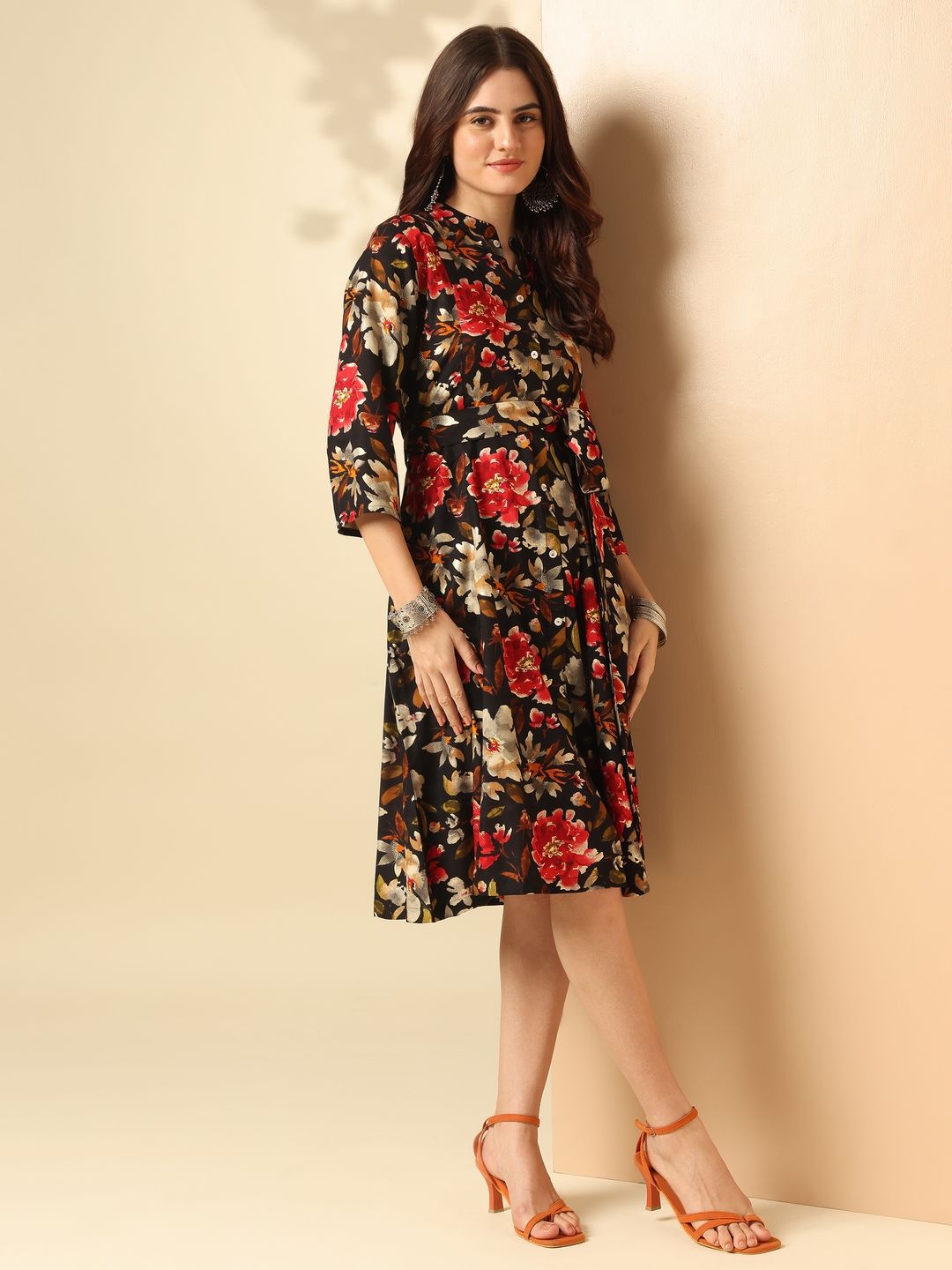 Anouk Brown Floral Printed Mandarin Collar Shirt Dress