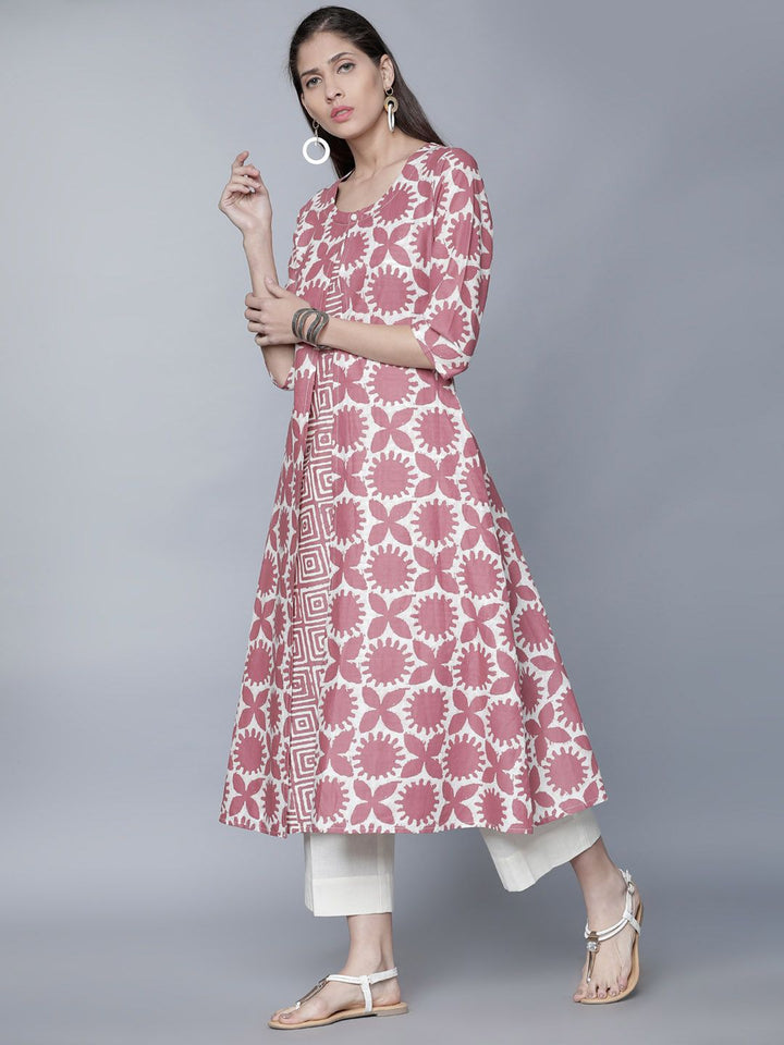 Vishudh Women Pink & Cream-Coloured Printed A-Line Kurta