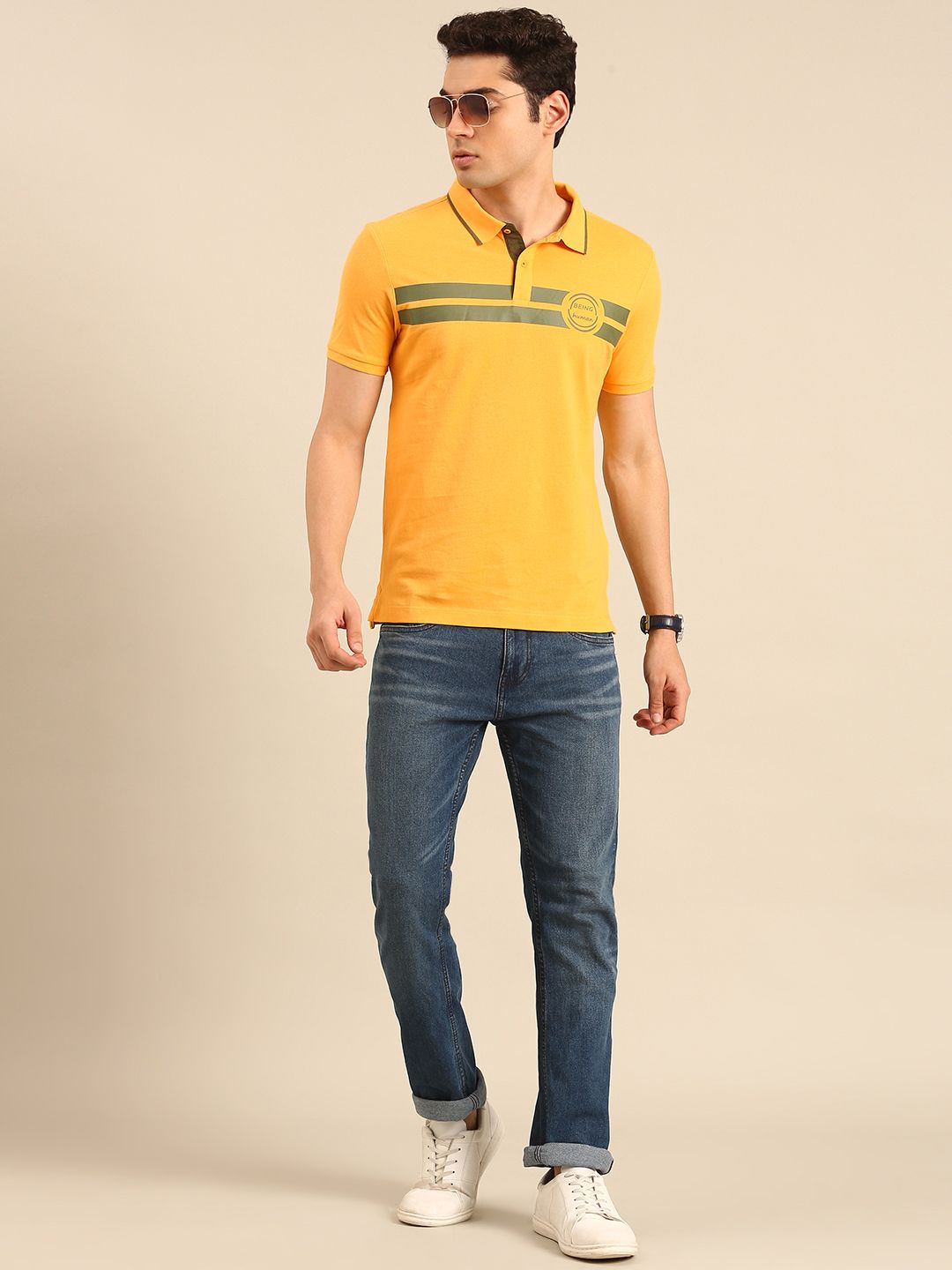 Being Human Striped Polo Collar Pure Cotton T-shirt