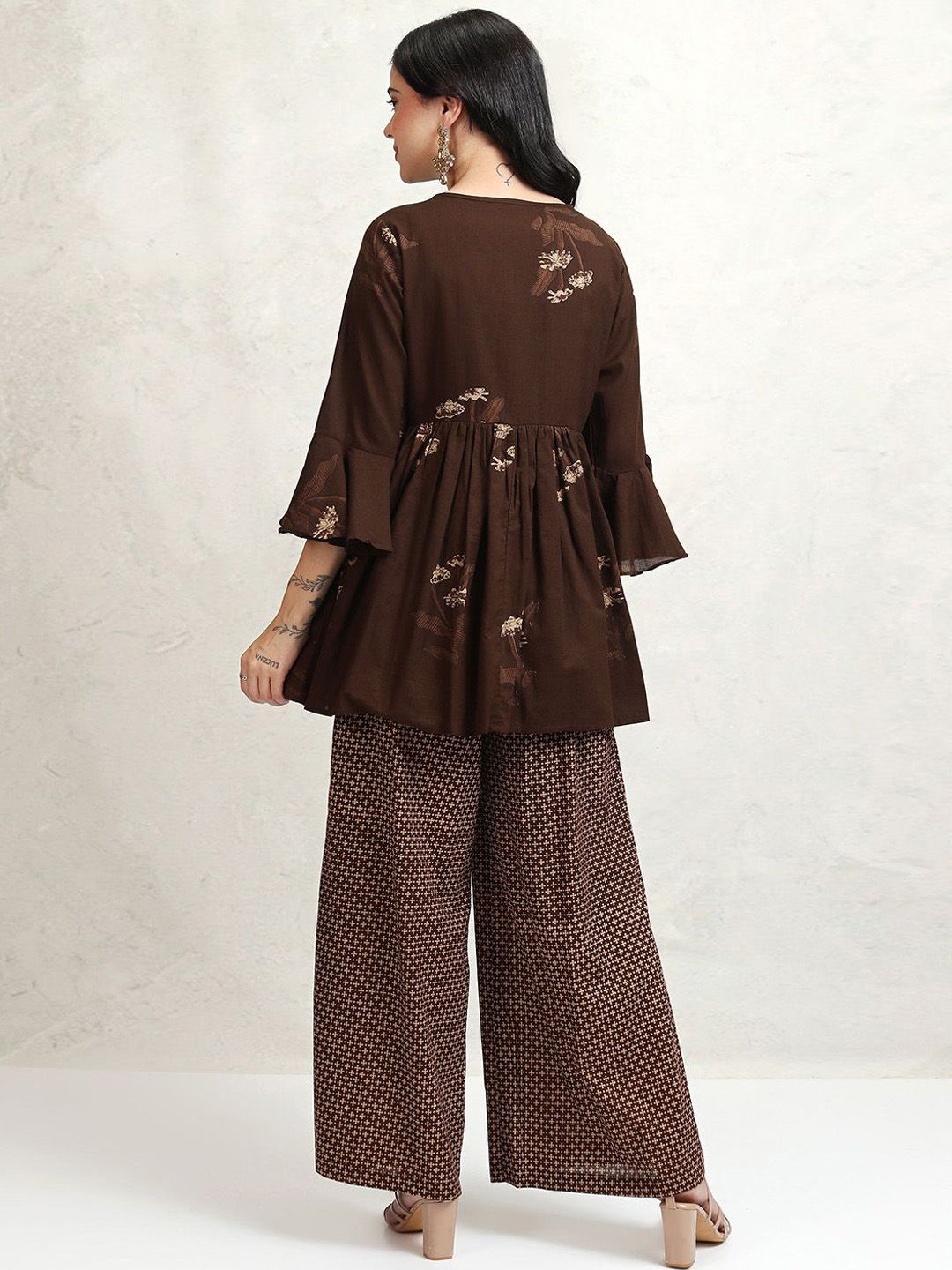 Vishudh Coffee Brown Printed Shoulder Straps Pure Cotton Top With Trouser And Jacket
