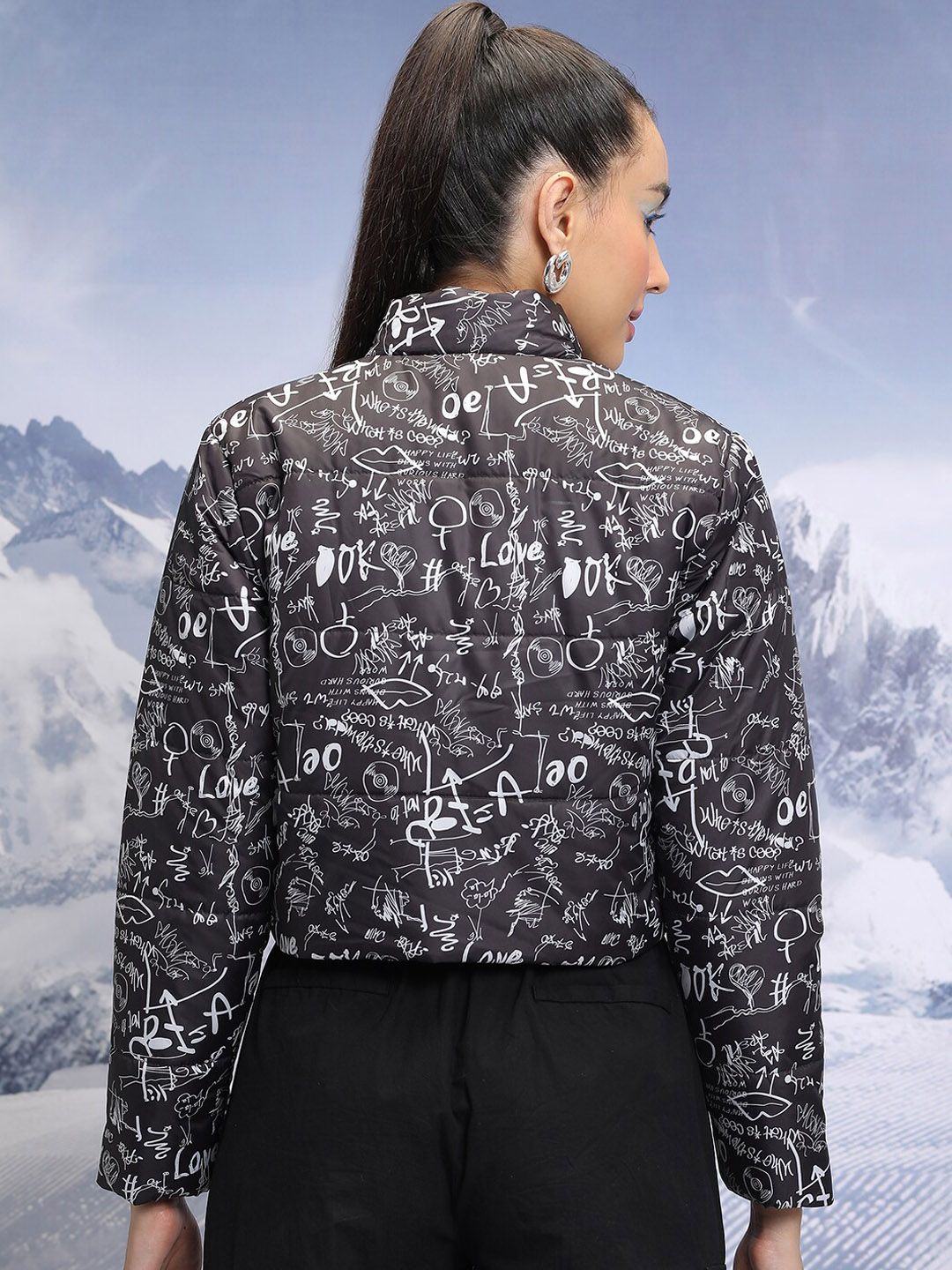 Tokyo Talkies Black Typography Printed Crop Puffer Jacket