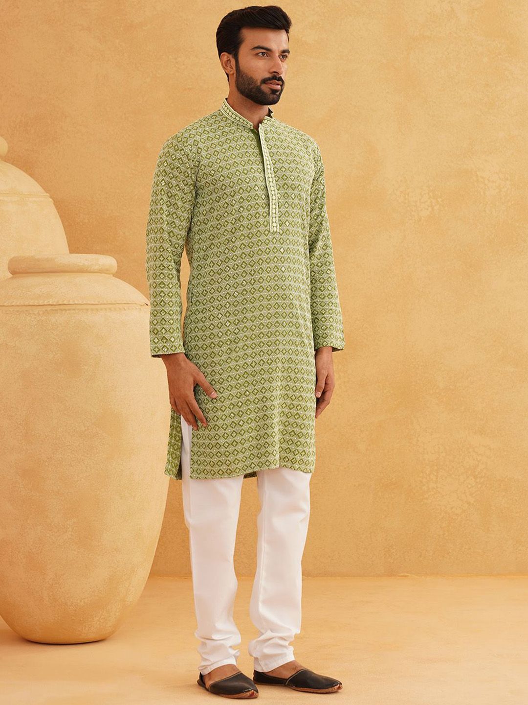 SOJANYA Geometric Embroidered Regular Sequinned Pure Cotton Kurta With Churidar