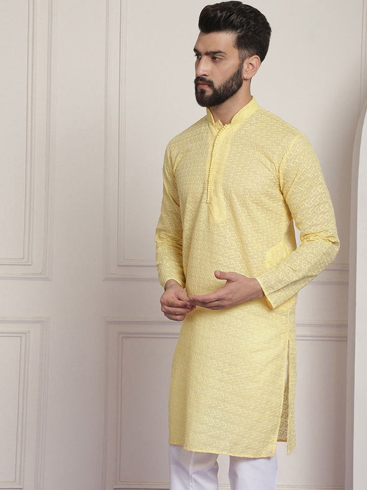 Anug by SOJANYA Men Yellow Embroidered Thread Work Mandarin Collar Kurta