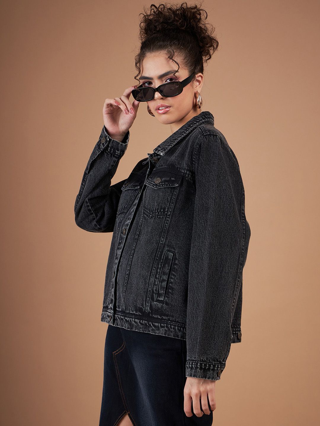 SASSAFRAS Black Washed Spread Collar Denim Jacket
