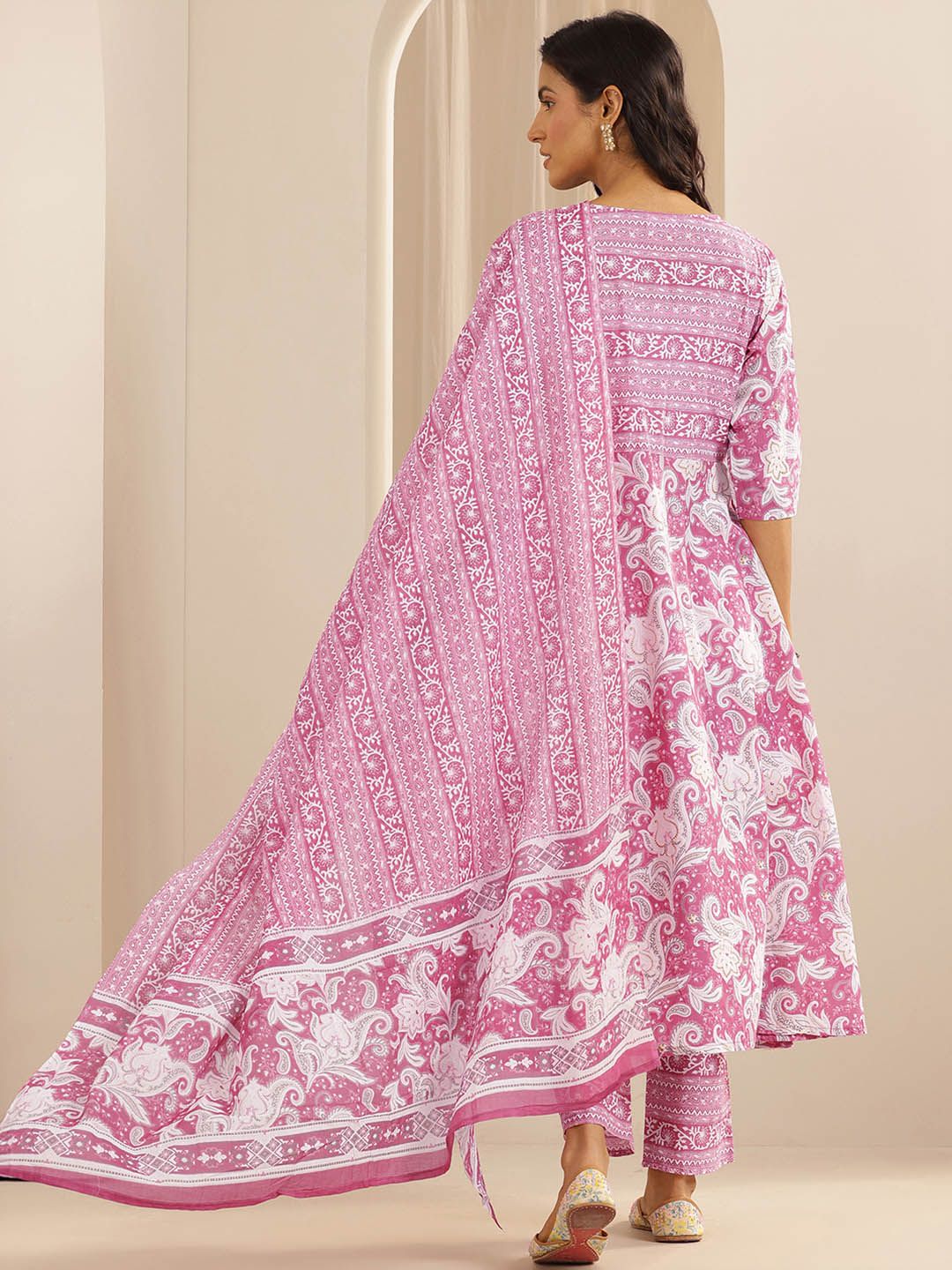 Libas Floral Printed Pure Cotton Anarkali Kurta With Trousers & Dupatta