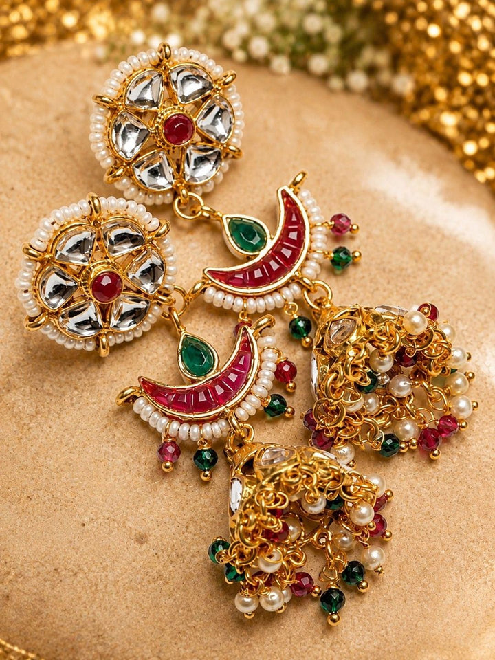 PANASH Gold-Plated Artificial Stones Studded And Beaded Contemporary Shaped Jhumkas