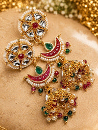 PANASH Gold-Plated Artificial Stones Studded And Beaded Contemporary Shaped Jhumkas