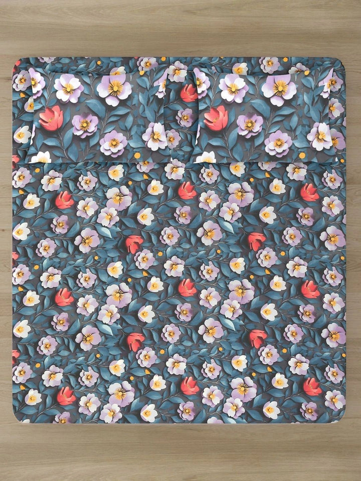 Moda Rapido X KLOTTHE Blue & Pink Floral 400 TC King Bedsheet with 2 Pillow Covers
