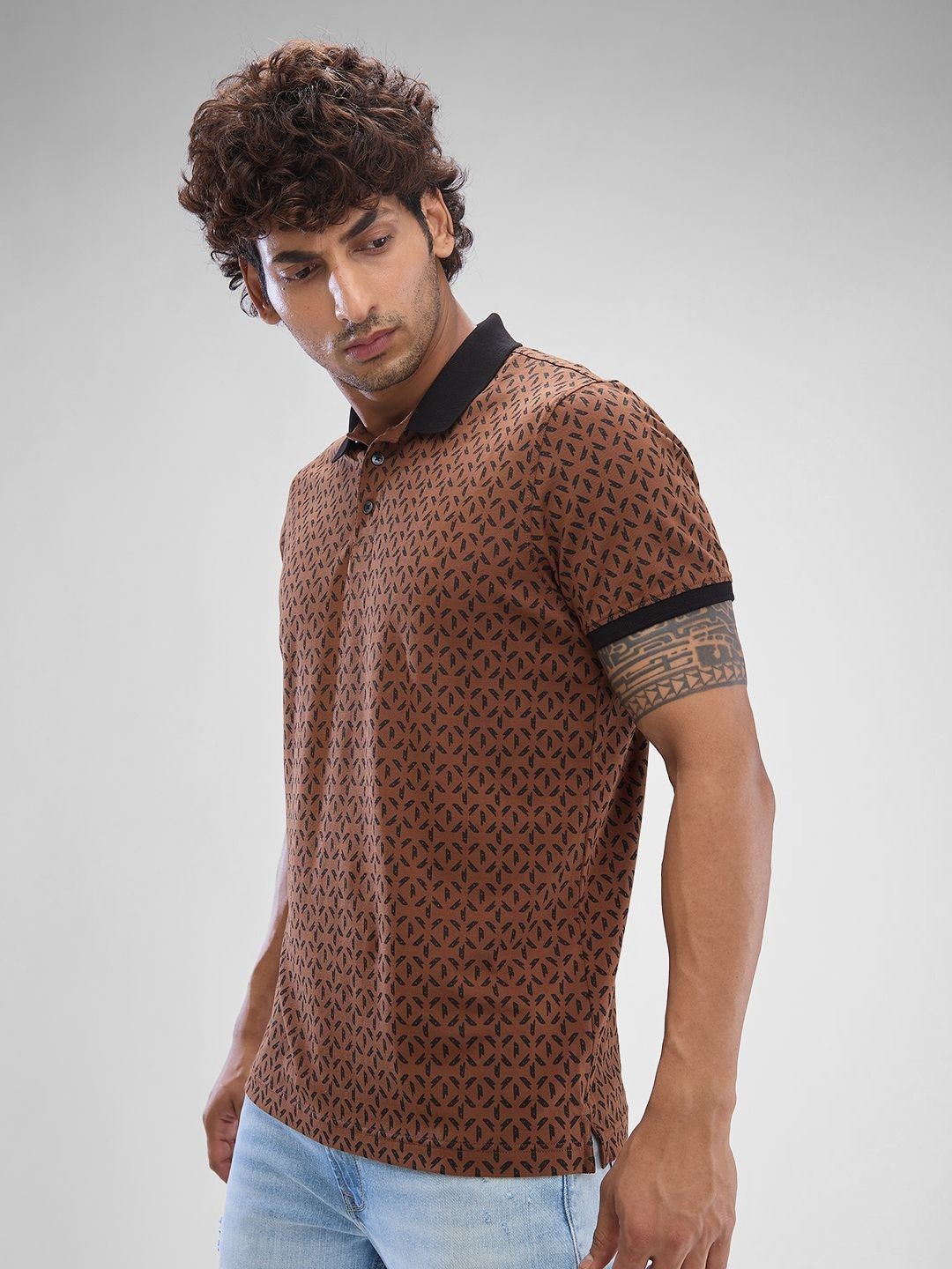 SPYKAR Men Abstract Printed Polo Collar Slim Fit T-shirt