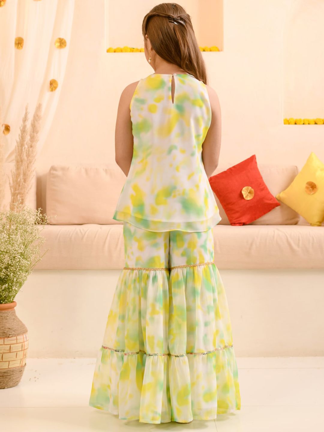 pspeaches Girls Dyed Regular Gotta Patti Kurta with Sharara & Dupatta