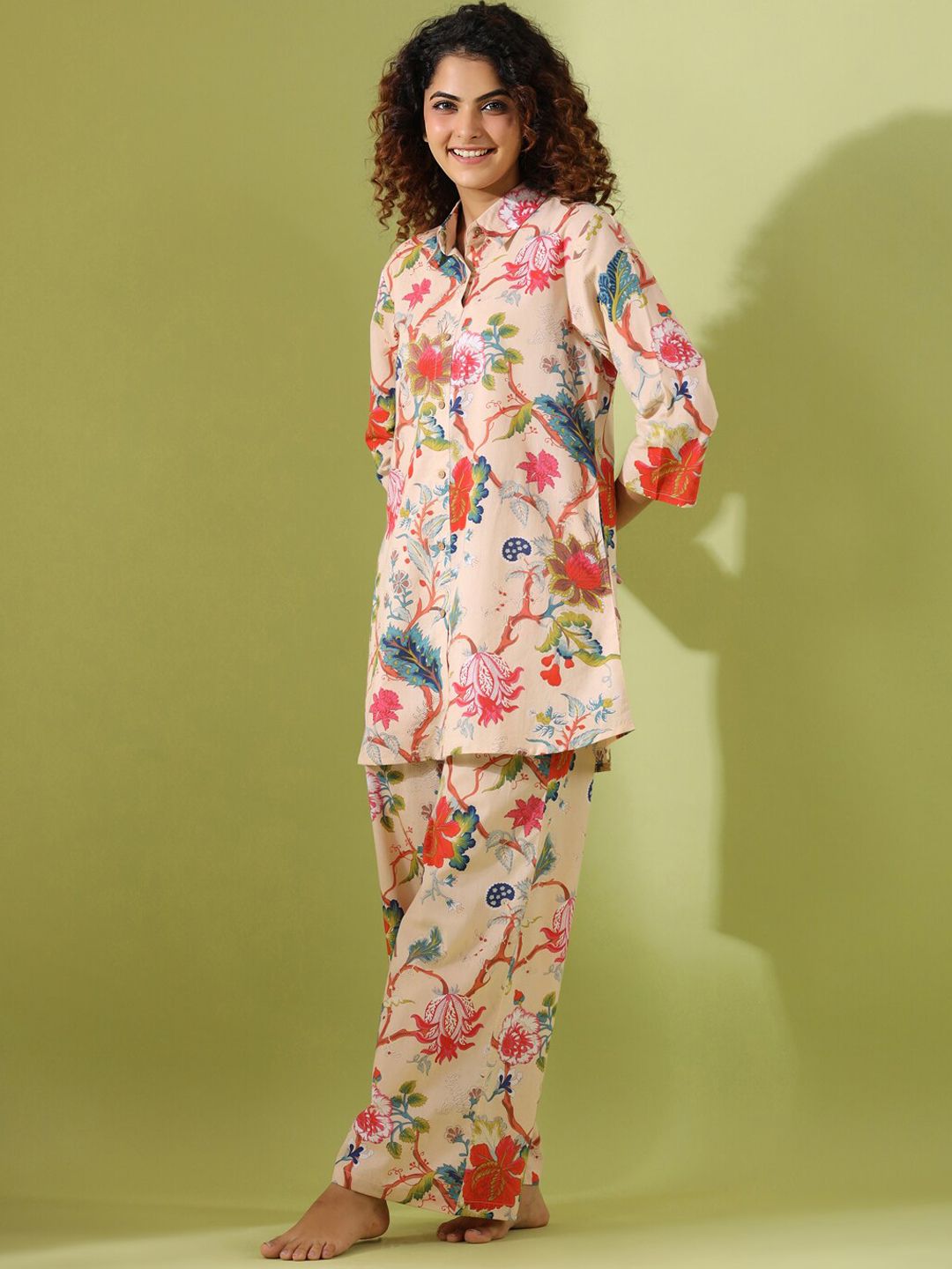 SANSKRUTIHOMES Floral Printed Shirt Collar Pure Cotton Night suit