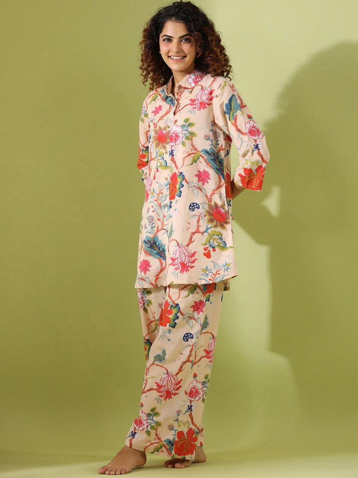 SANSKRUTIHOMES Floral Printed Shirt Collar Pure Cotton Night suit