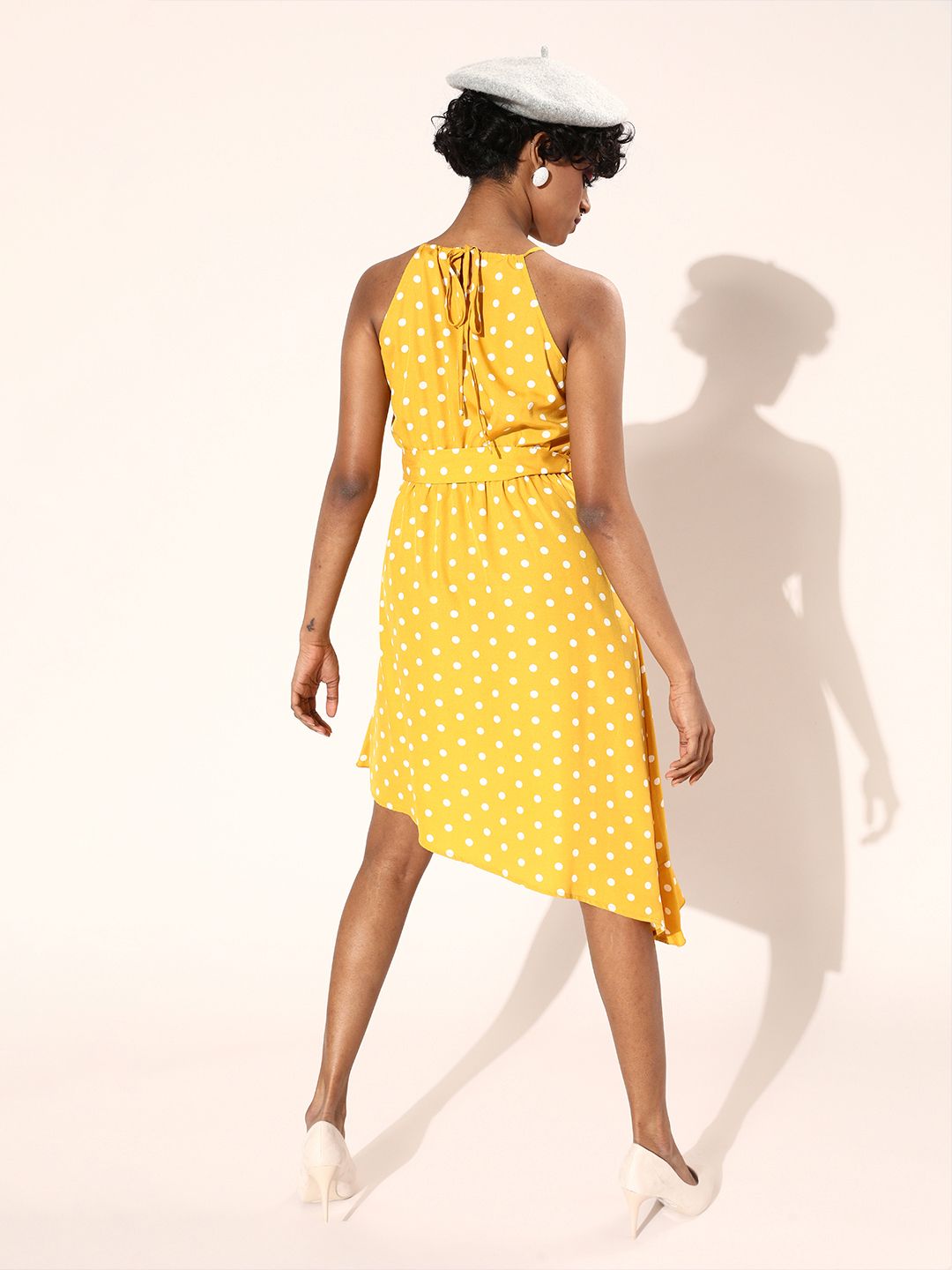 Berrylush Yellow & White Polka Dot Print Asymmetrical Midi Fit & Flare Dress